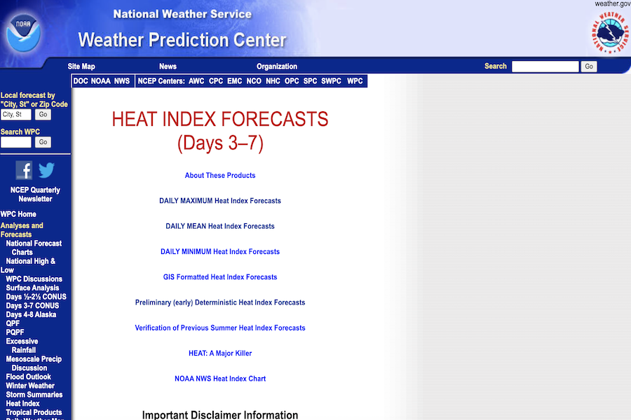Snapshot of Heat Index Forecasts Days 3-7