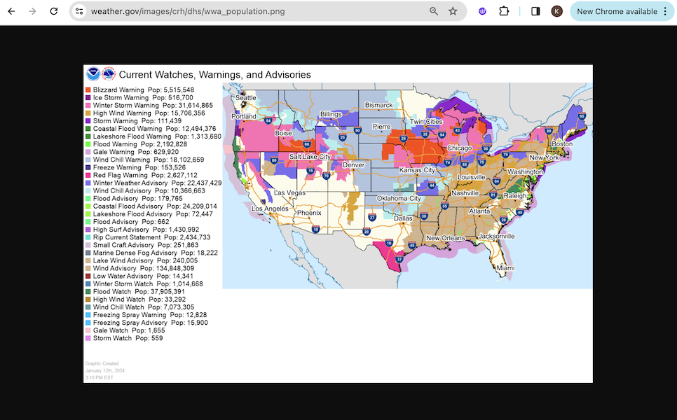 Snapshot of Population under a Watch, Warning or Advisory